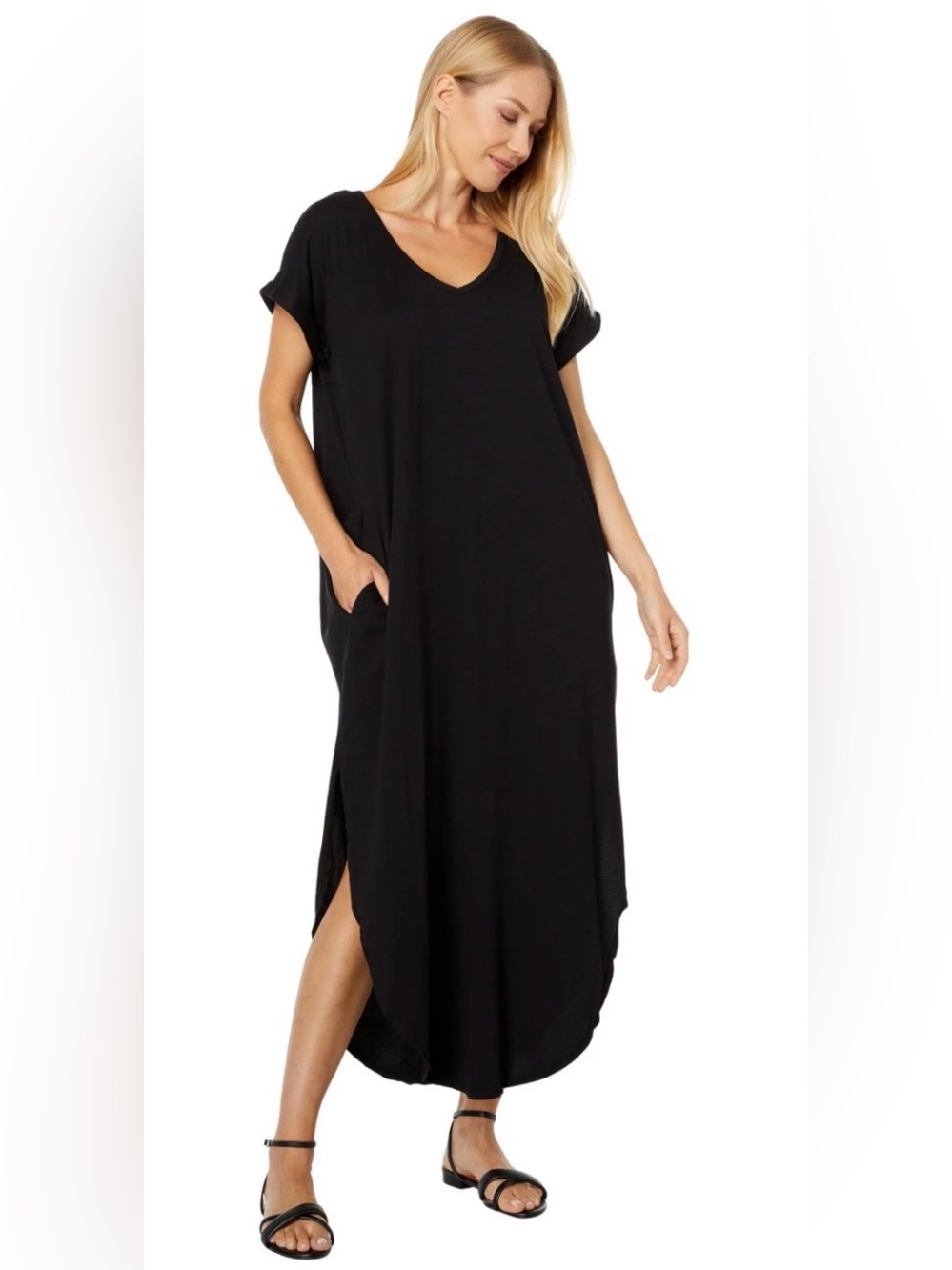 Bobi  Los Angeles NWT Black V-Neck Maxi Dress with Pockets Size S Oversized